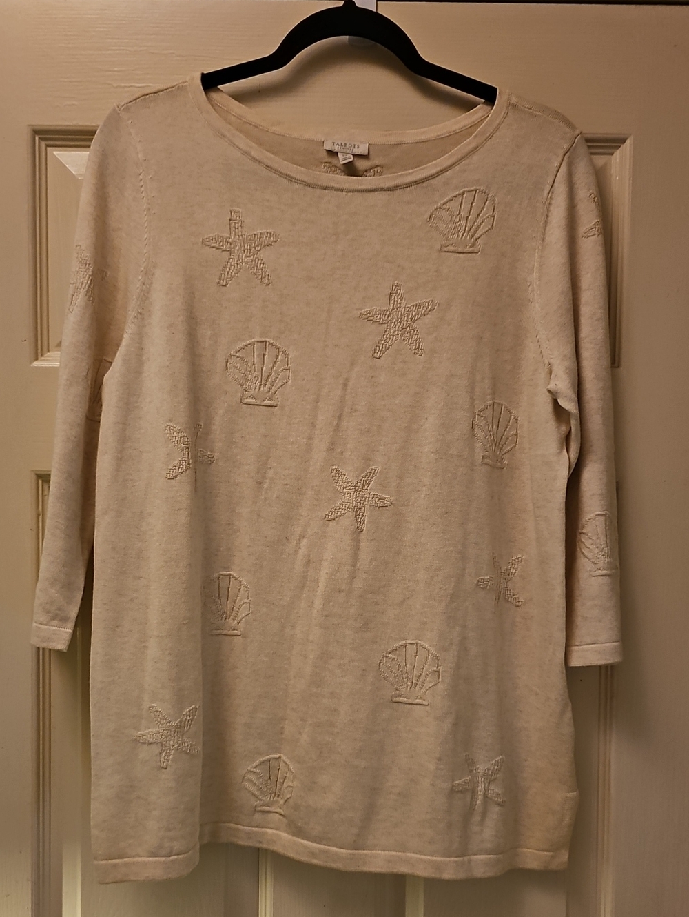 Talbots Cream Embroidered Seashell & Starfish Knit Top